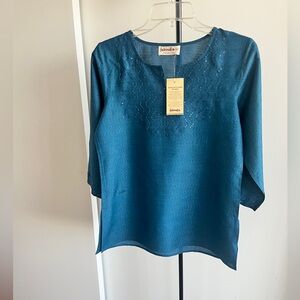 NWT Fabindia Kurta Tunic Top 100% Silk Cobalt Blue w sequin Accents Sz M